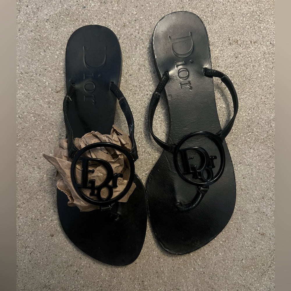 Vintage Christian Dior Galliano Y2K Circle Logo Black Leather Sandals Size 37.5